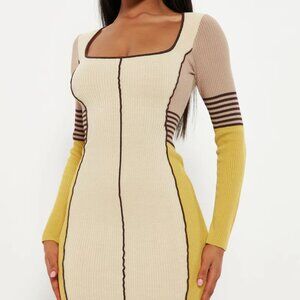 Square Neck Sweater Midi Dress - Cream Combo Size XL